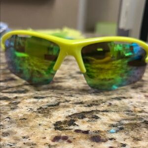 Neon Yellow Men's Sports Sunglasses with Green Mirrored Lenses
